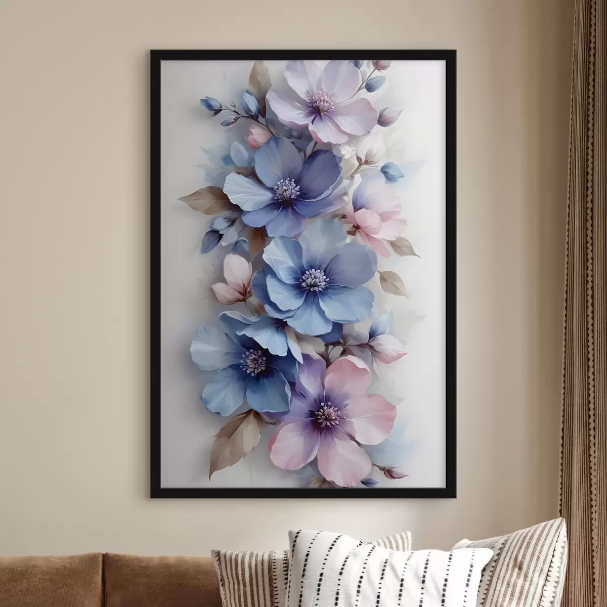 Affiche Délicates fleurs bleues et roses aux pétales et aux centres doux, disposées dans un magnifique imprimé floral sur un fond clair f42241