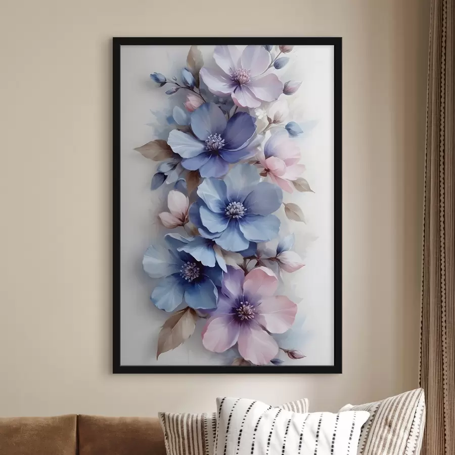 Fotobehang Delicate blauwe en roze bloemen met zachte bloemblaadjes en hartjes, gerangschikt in een prachtige bloemenprint op een lichte achtergrond f42241