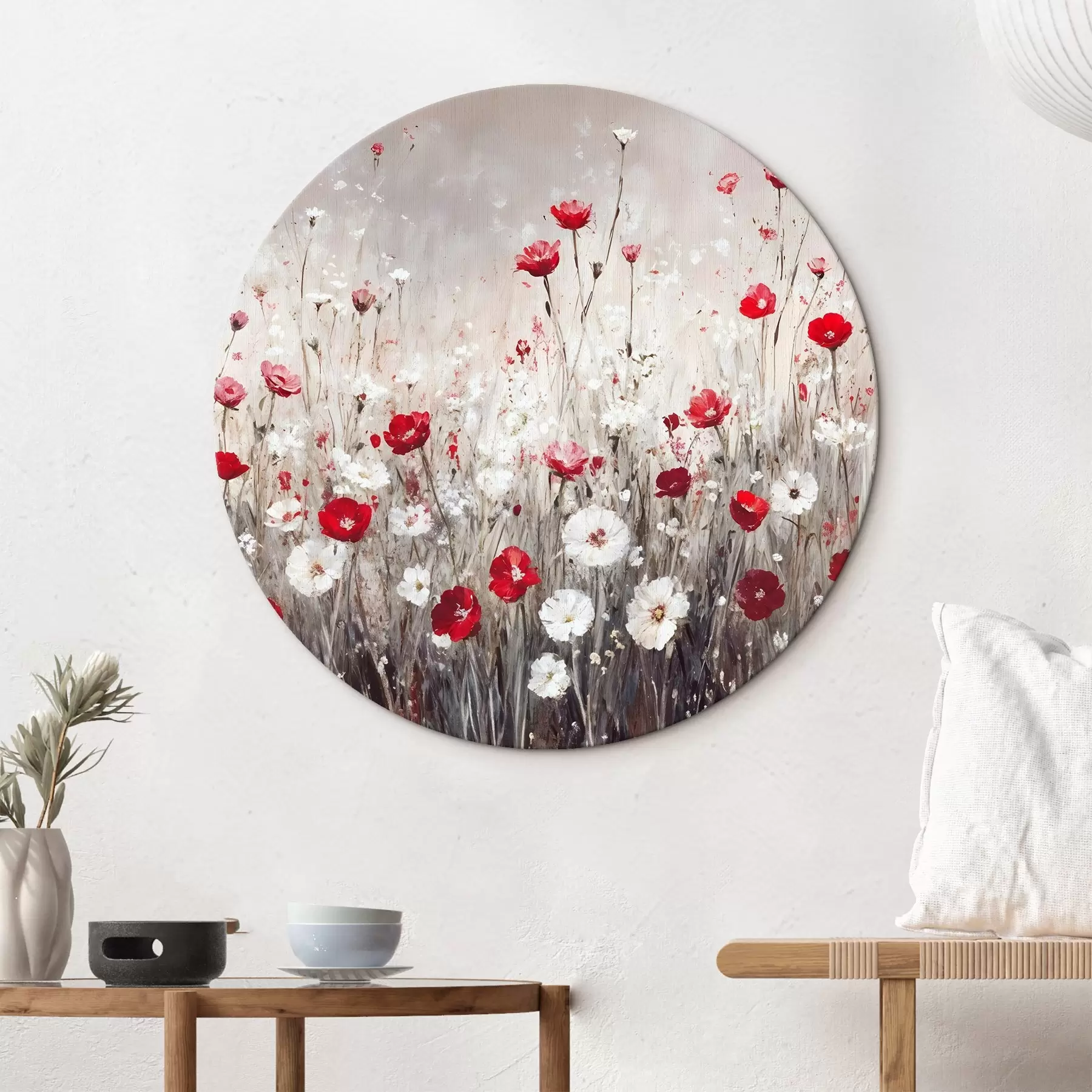  Schilderijen Abstracte imitatie van olieverfschilderij een veld van rode en witte klaprozen en madeliefjes bloemen tegen een grijze texturale achtergrond r42213