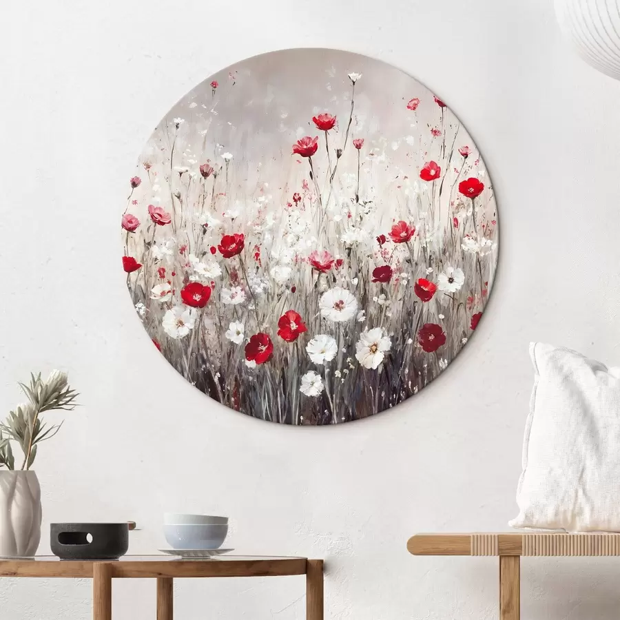  Schilderijen Abstracte imitatie van olieverfschilderij een veld van rode en witte klaprozen en madeliefjes bloemen tegen een grijze texturale achtergrond r42213