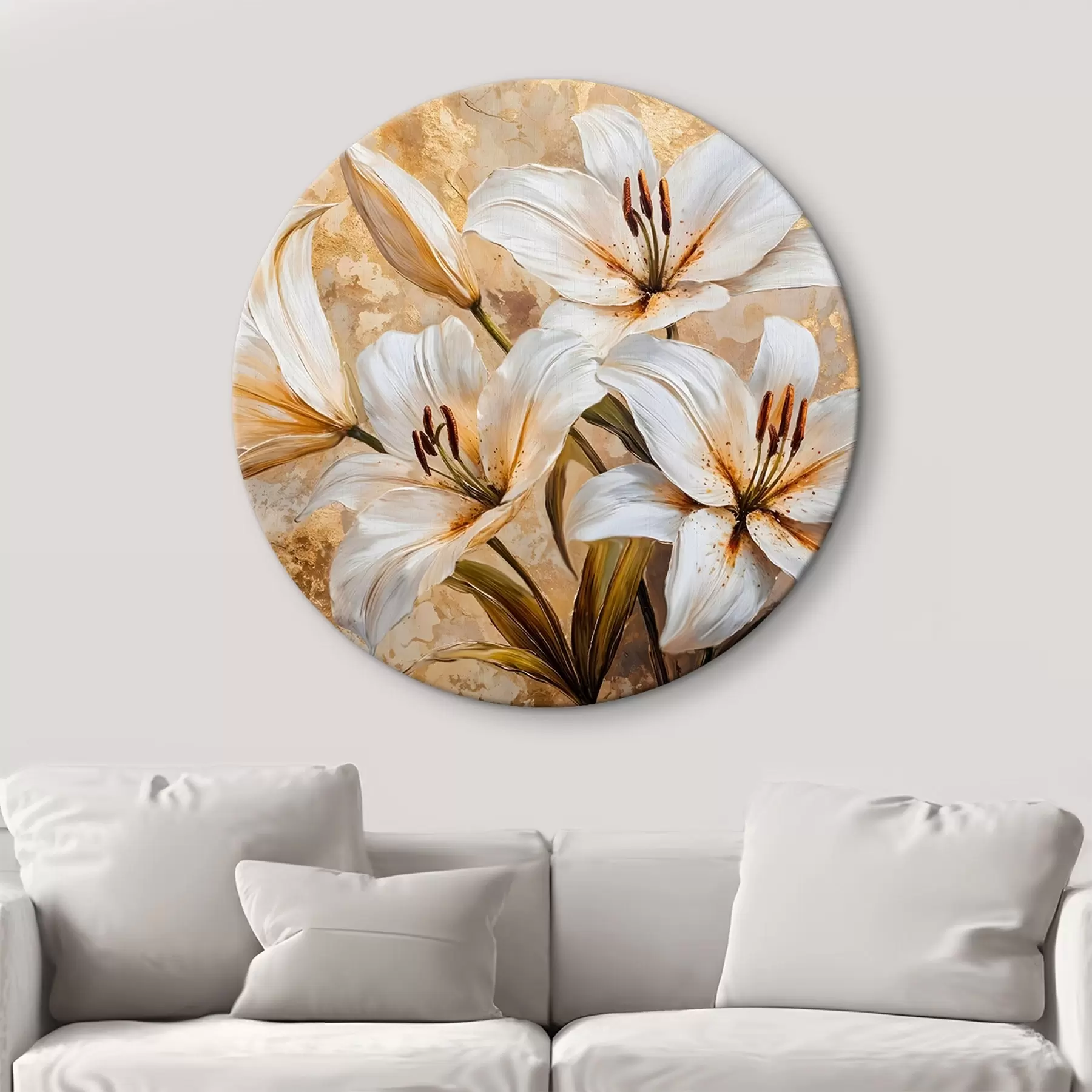 Fotobehang Witte lelies met gele harten tegen een beige achtergrond met textuur r42216