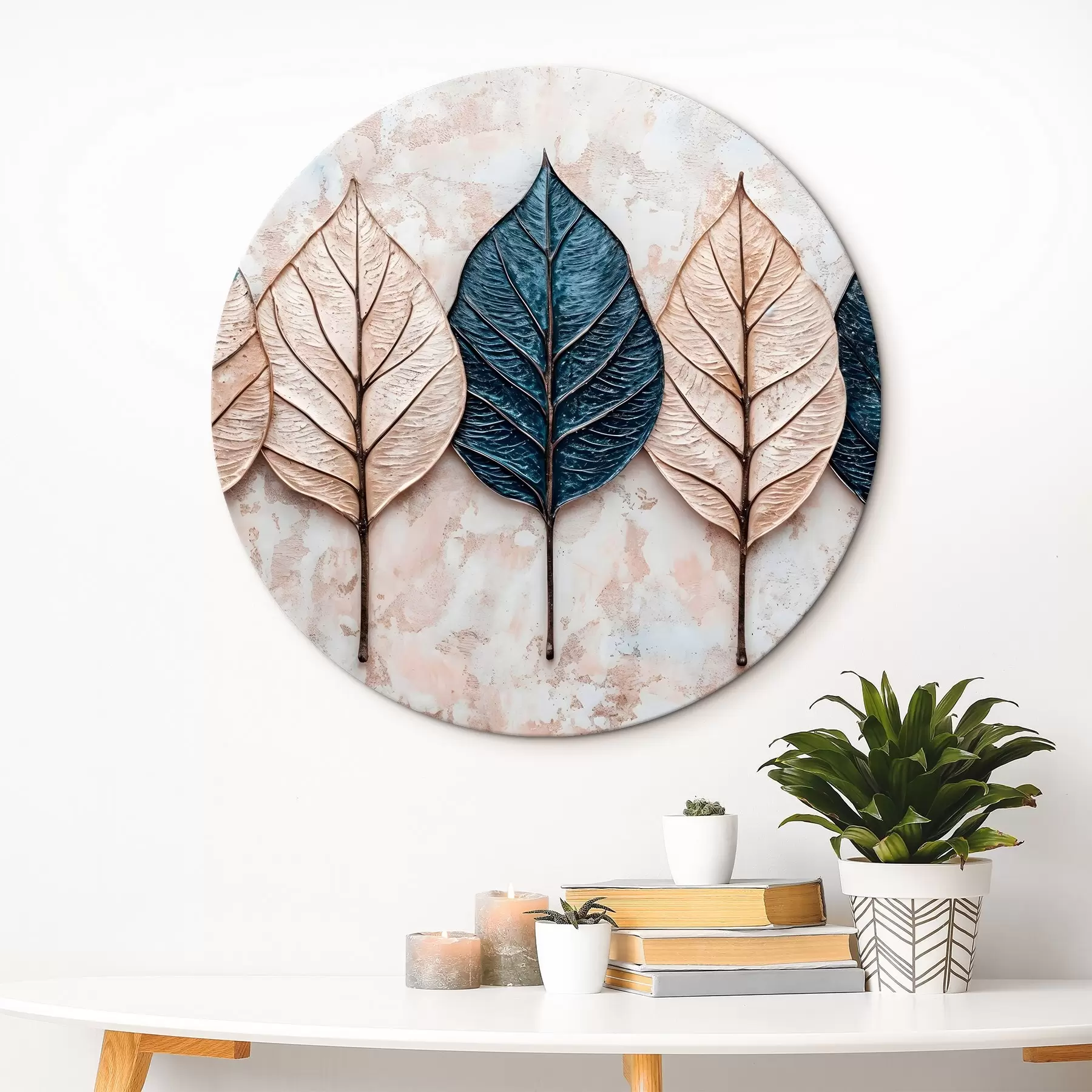  Schilderijen Geassorteerde abstracte herfstbladeren in verschillende tinten bruin, beige en blauw, gerangschikt in een rij op een lichte achtergrond r42217