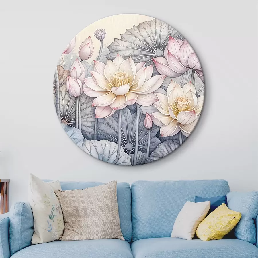  Schilderijen Grote roze en witte lotusbloemen met groene bladeren en stelen op een lichte achtergrond met gedetailleerde bloemblaadjes en hartjes r42221