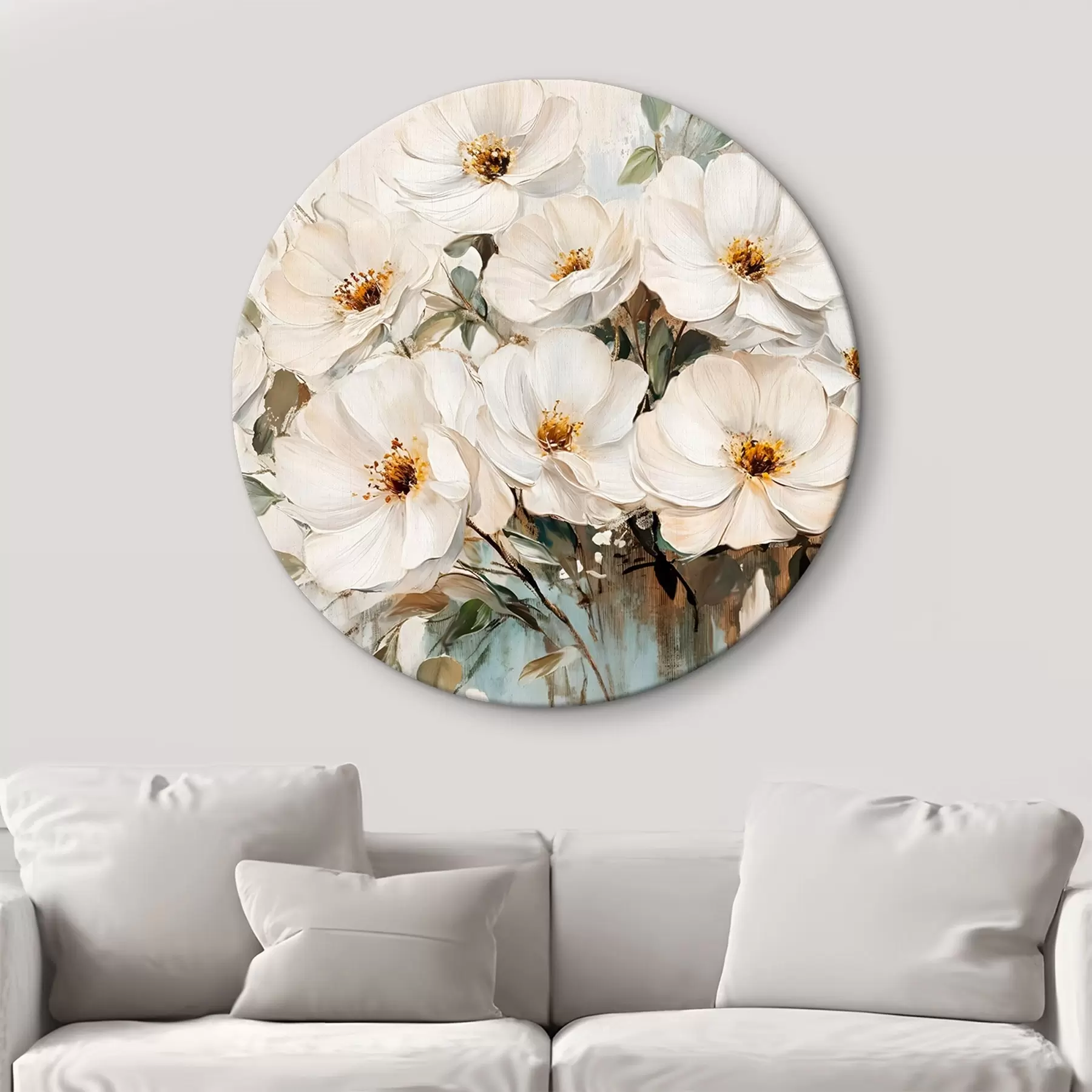  Peintures Bouquet de grandes fleurs blanches dans le style de la peinture à l'huile avec des centres jaunes sur un fond clair r42222