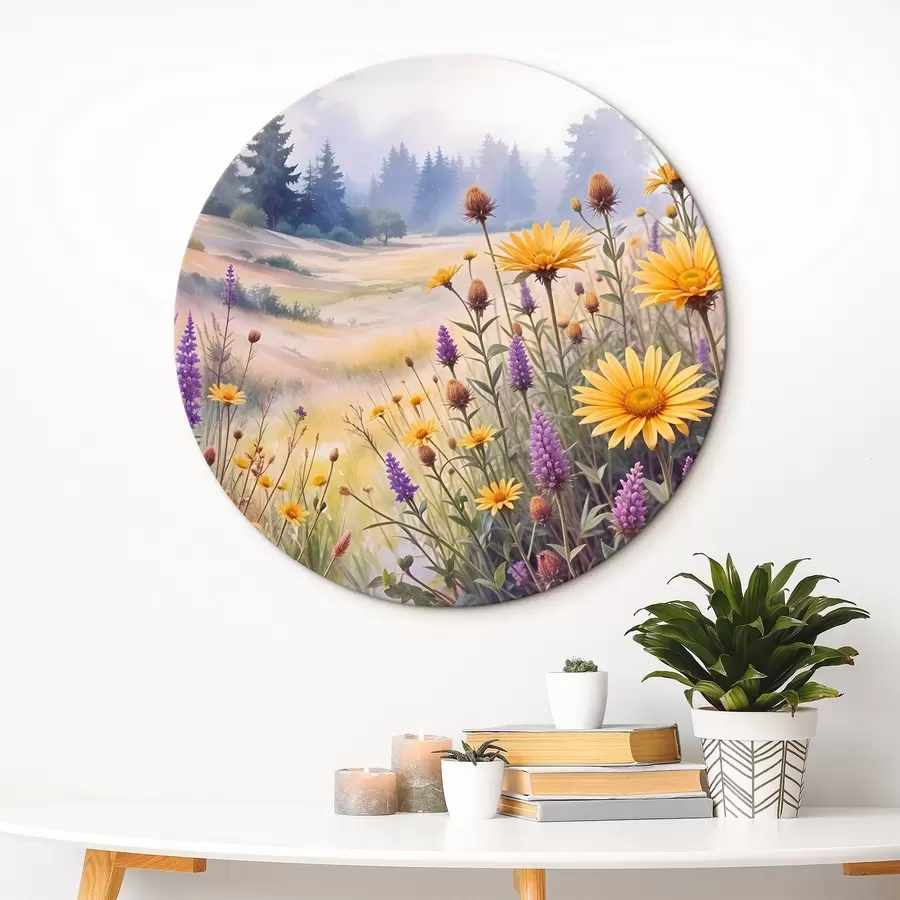  Peintures Champ de tournesols jaunes et de fleurs sauvages violettes dans un paysage forestier brumeux avec des pins en arrière-plan r42223