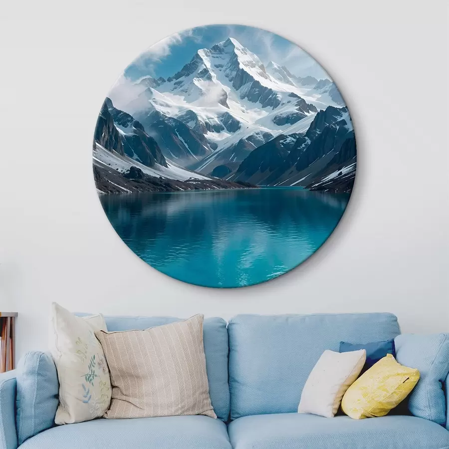  Peintures Un pic montagneux enneigé se reflétant dans un lac turquoise serein, entouré d'un terrain rocheux et de nuages spectaculaires r42232