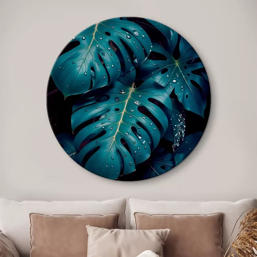  Peintures Feuilles de monstera tropicales luxuriantes avec des gouttelettes d'eau sur un fond sombre, créant une impression lunatique et atmosphérique r42233