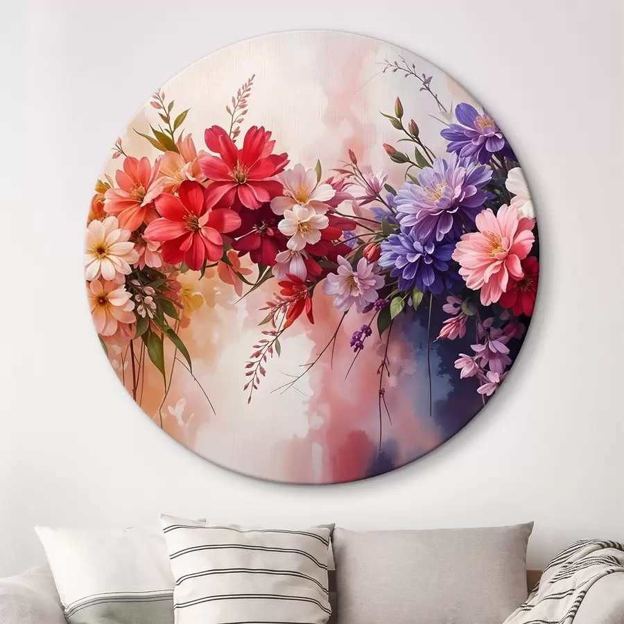  Peintures Fleurs colorées comprenant des dahlias rouges, roses et violets, des marguerites et d'autres fleurs sur un fond doux et flou r42234