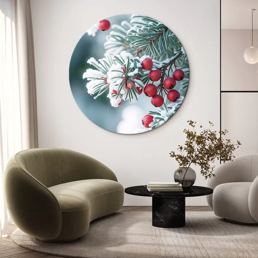  Schilderijen Besneeuwde dennentak met rode bessen , winterscène r42238