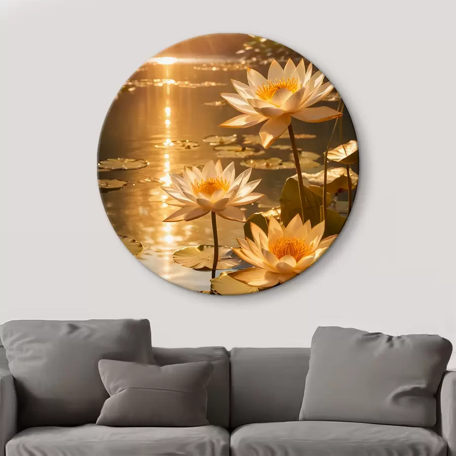  Peintures Fleurs de lotus blanches flottant sur un étang calme avec le soleil, créant une atmosphère sereine et tranquille r42239