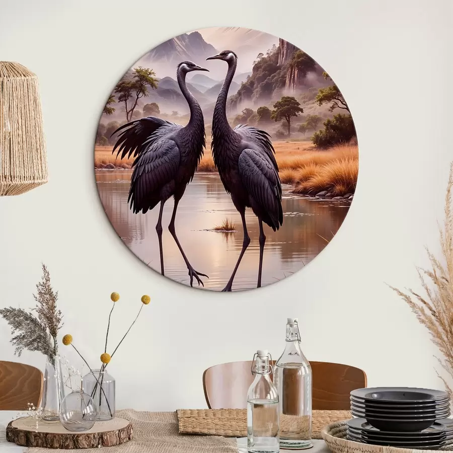  Schilderijen Twee grote zwarte kraanvogels staan in een ondiepe vijver, met een berglandschap op de achtergrond r42240