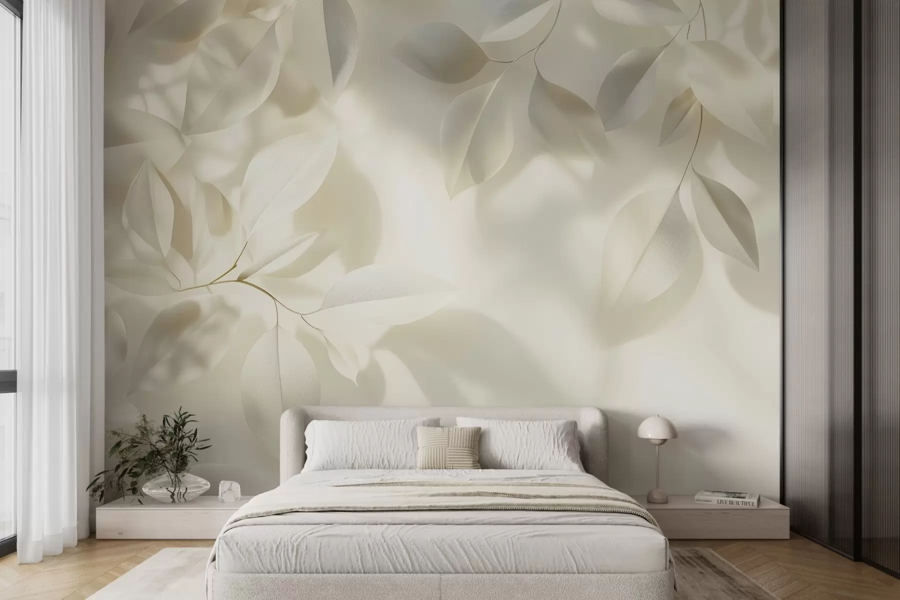 Fotobehang Hangende witte takken met bladeren tegen een muur met zonlicht w08552