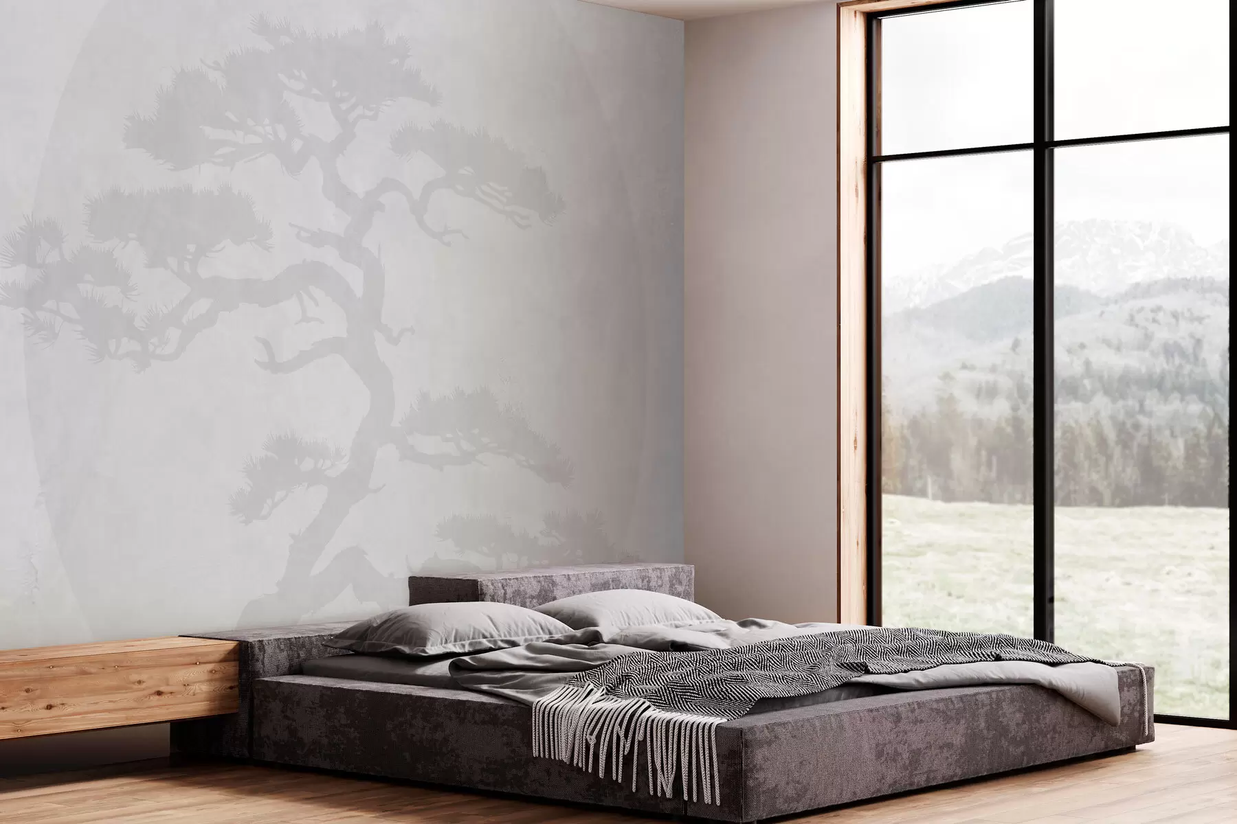 Papier peint photo Bonsaï japonais et géométrie fond grunge w08554