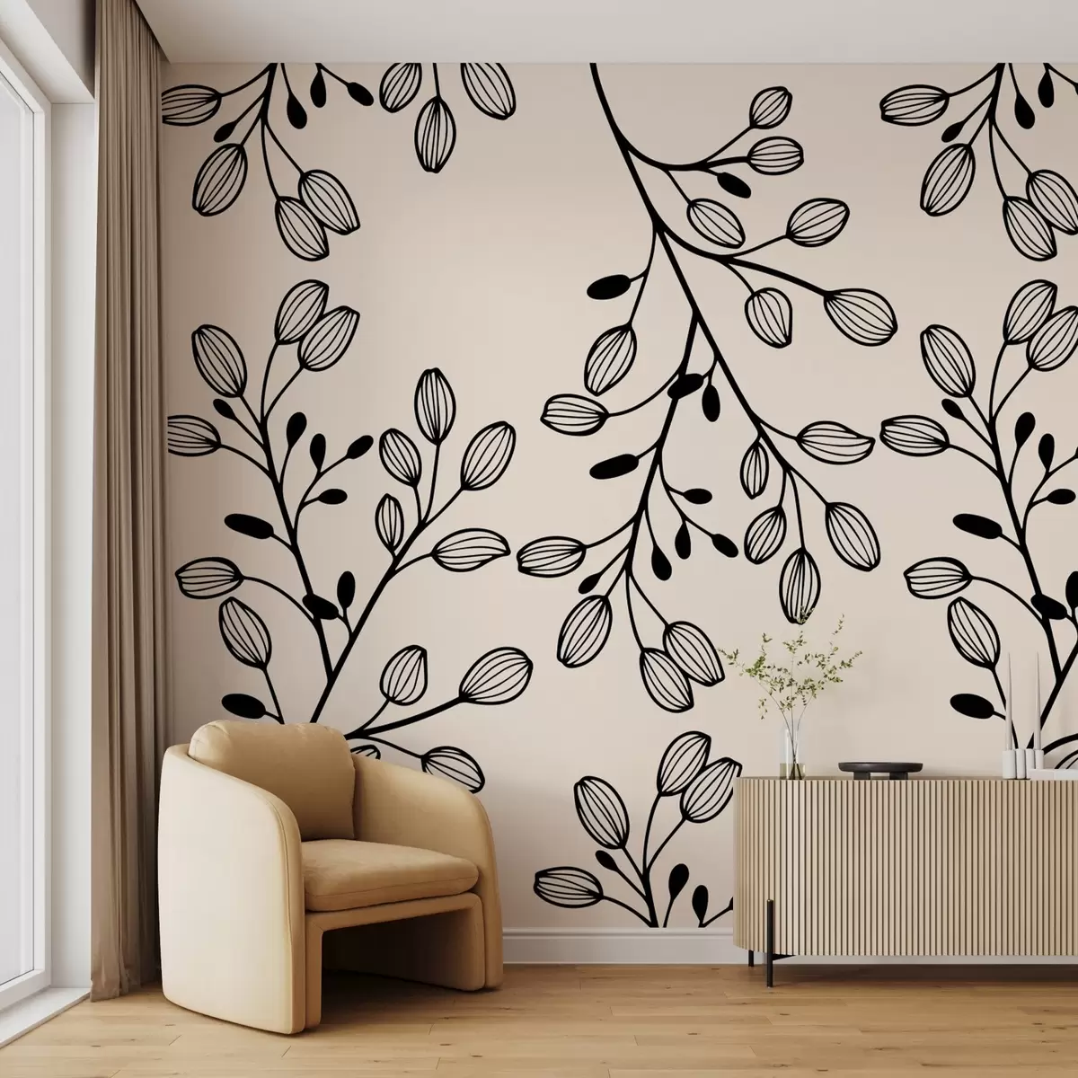 Fotobehang geschilderde twijgen op een beige achtergrond w02665