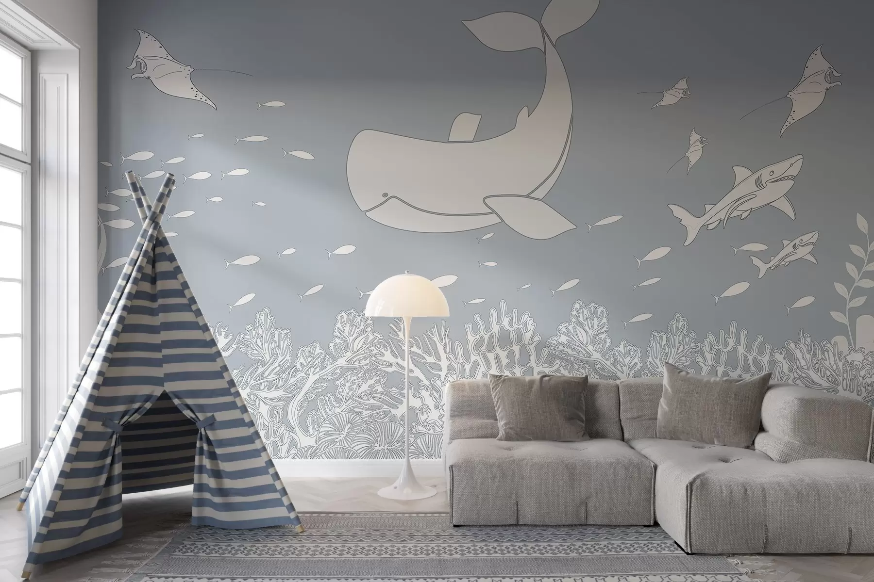 Fotobehang Reis met de walvis, blauwe schaduw w02645v1