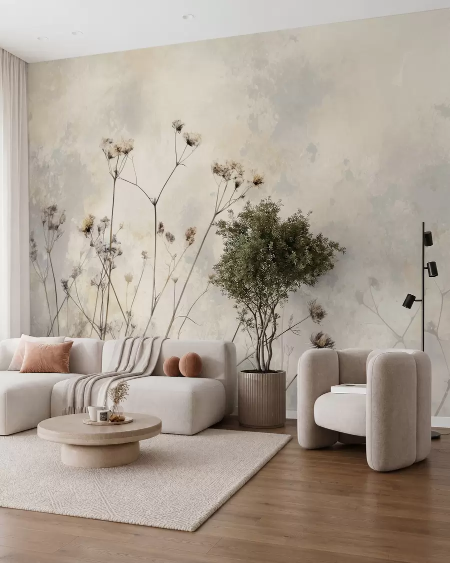 Fotobehang behang in eco-stijl met wilde planten in pastelkleuren w02684