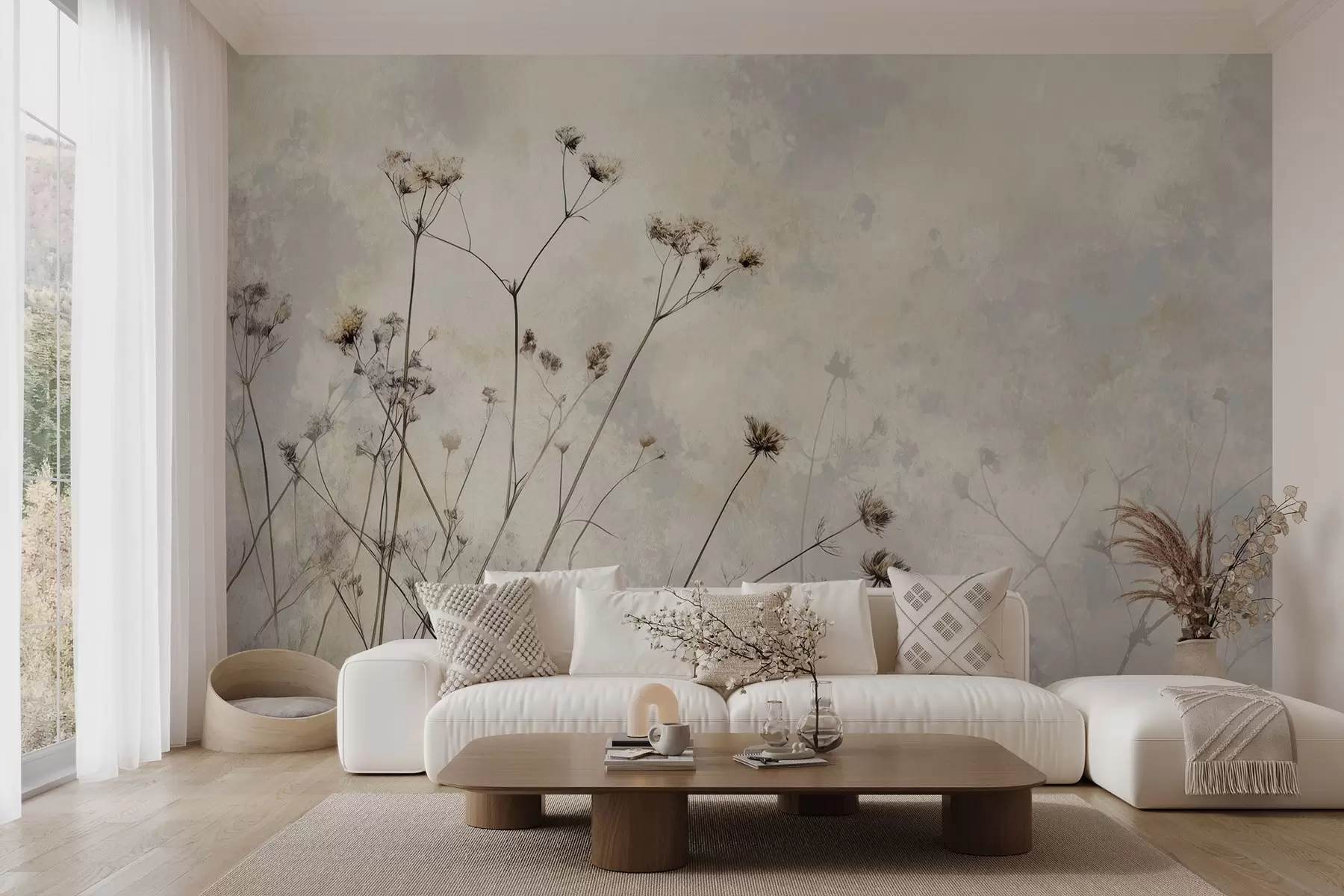 Fotobehang behang in eco-stijl met wilde planten in pastelkleuren w02684