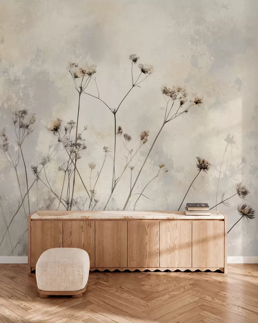 Fotobehang behang in eco-stijl met wilde planten in pastelkleuren w02684