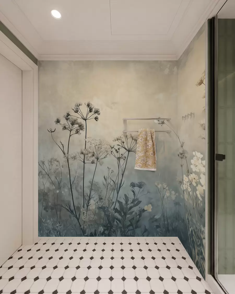 Fotobehang behang in eco-stijl met wilde bloemen en planten op een achtergrond met structuur w02685