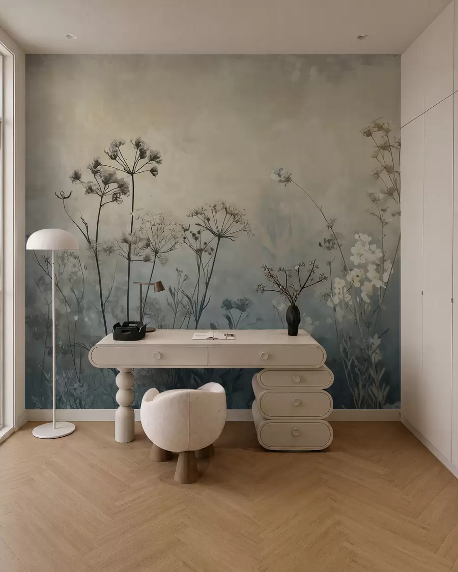 Fotobehang behang in eco-stijl met wilde bloemen en planten op een achtergrond met structuur w02685