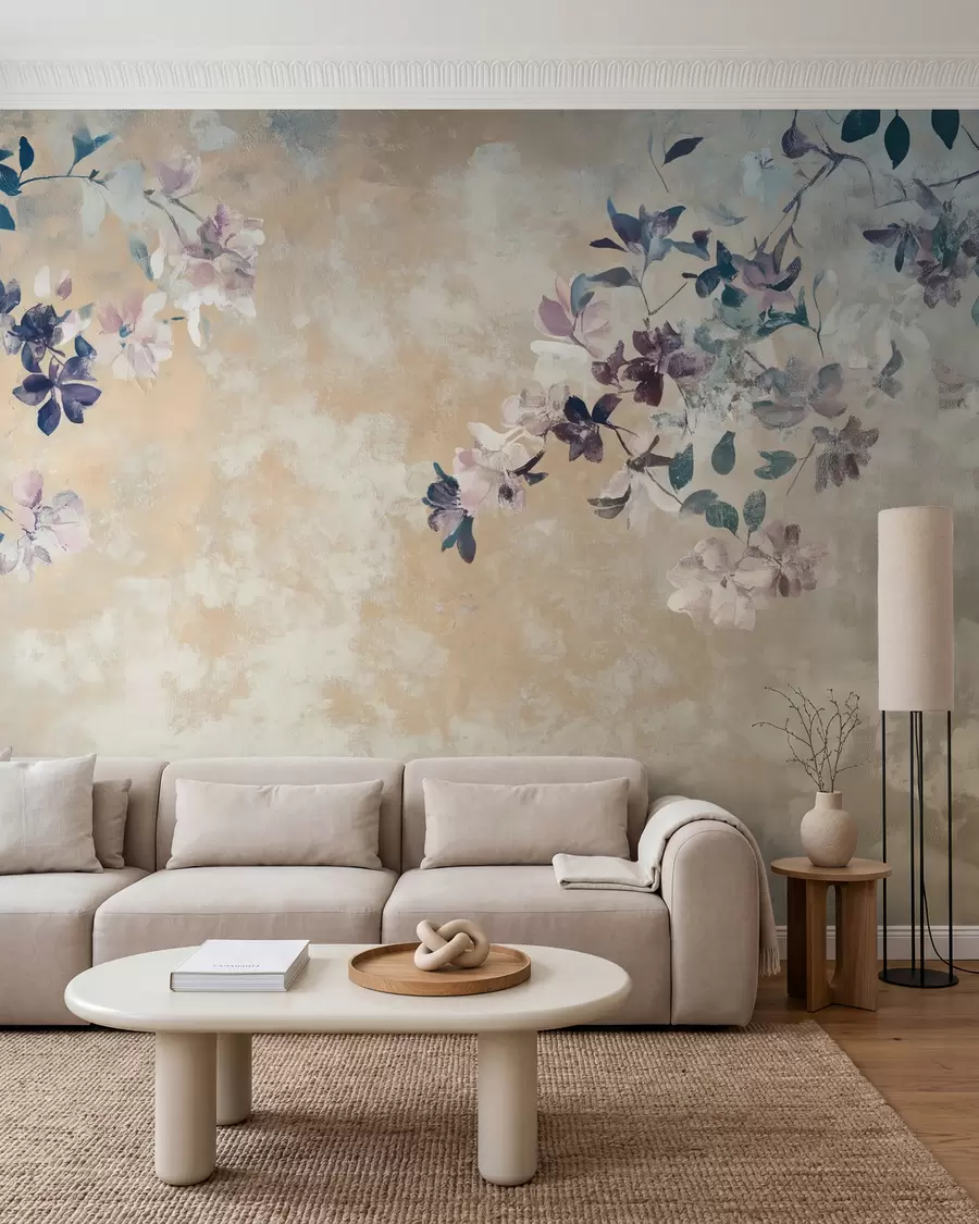 Fotobehang behang in retrostijl met takken en bloemen w02686