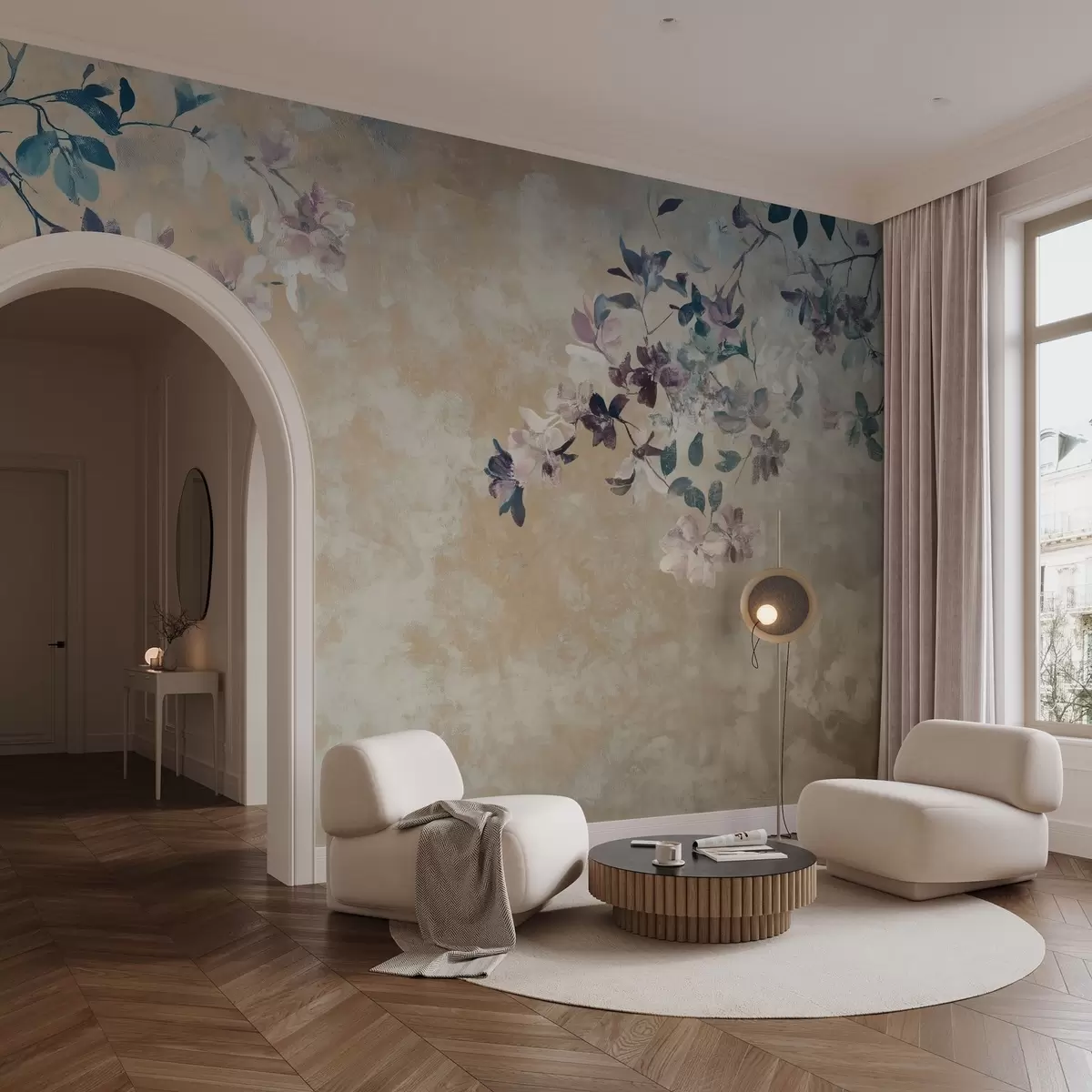 Fotobehang behang in retrostijl met takken en bloemen w02686