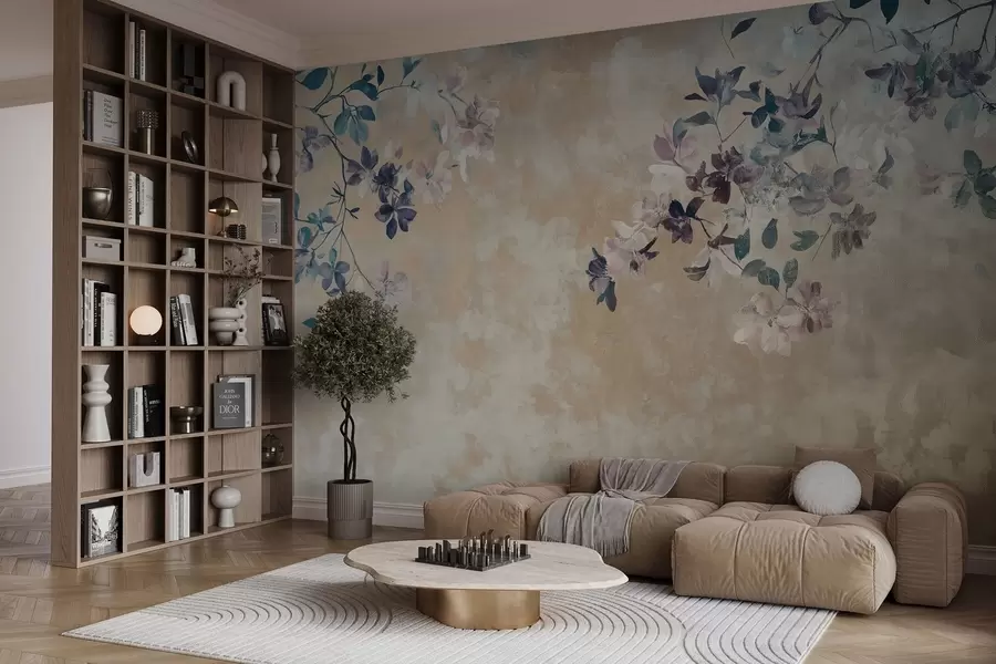 Fotobehang behang in retrostijl met takken en bloemen w02686