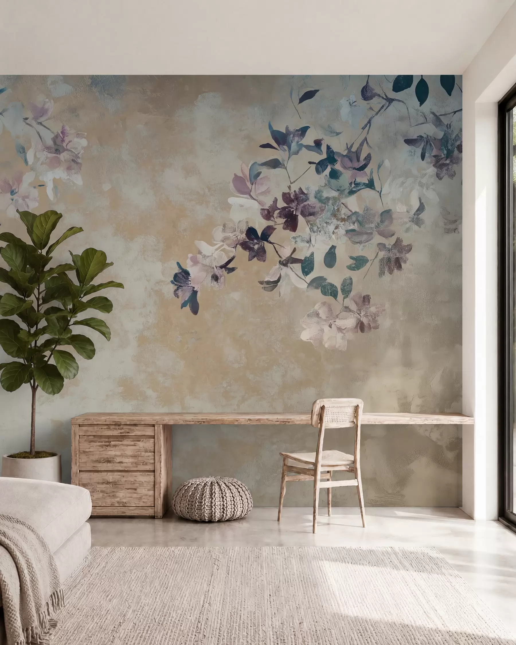 Fotobehang behang in retrostijl met takken en bloemen w02686