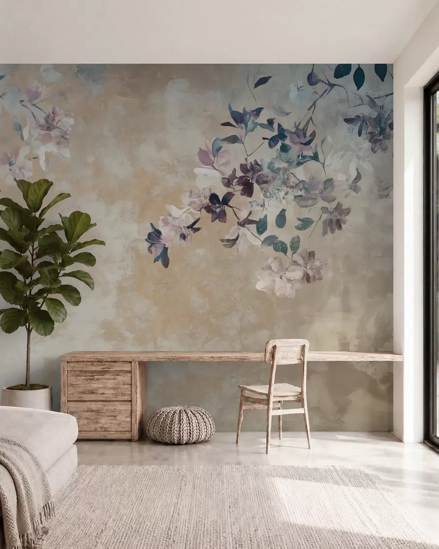 Fotobehang behang in retrostijl met takken en bloemen w02686