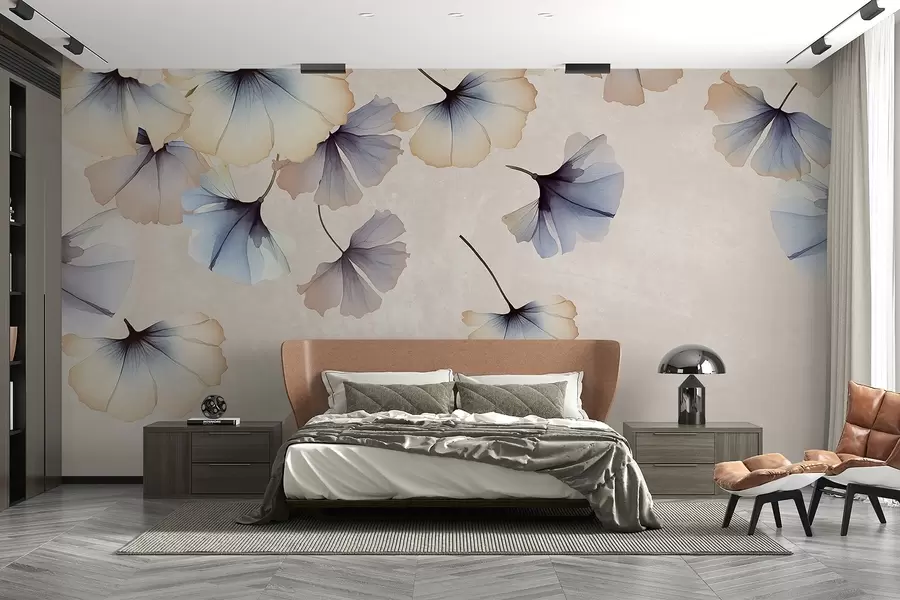 Fotobehang Pastelkleurige blauwe en beige ginkgobladeren met delicate bloemblaadjes die in de lucht zweven tegen een texturale achtergrond w08578