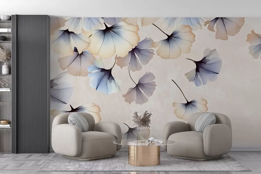 Fotobehang Pastelkleurige blauwe en beige ginkgobladeren met delicate bloemblaadjes die in de lucht zweven tegen een texturale achtergrond w08578