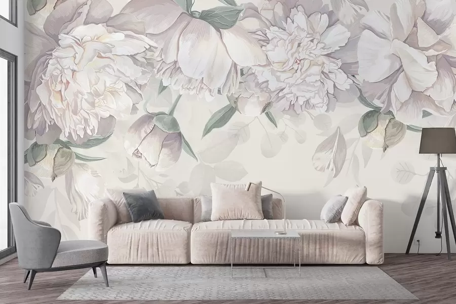 Fotobehang Delicate witte en roze pastelpioenrozen met groene bladeren, gerangschikt in een zachte, romantische bloemenachtergrond w08577