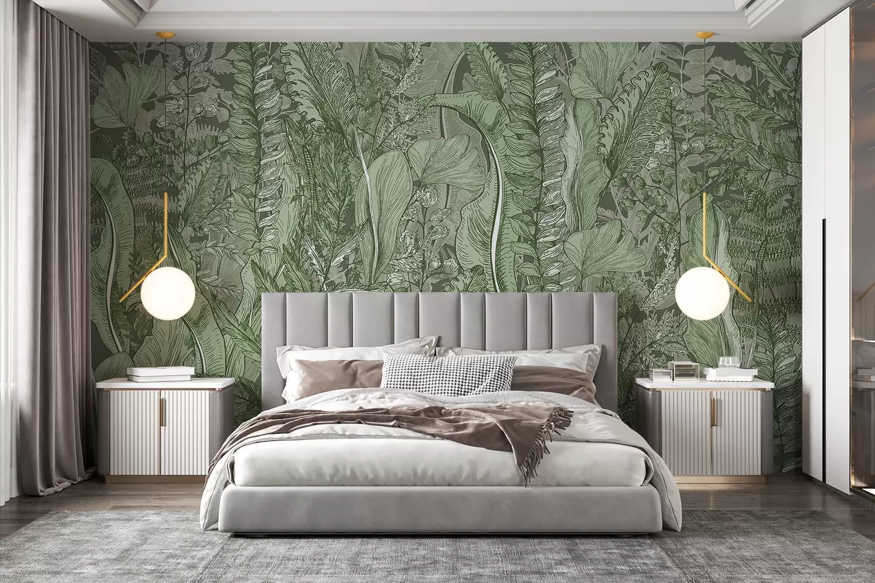 Papier peint photo Une forêt luxuriante et verdoyante avec différents types de fougères, de feuilles et de feuillages dans les tons verts w08579