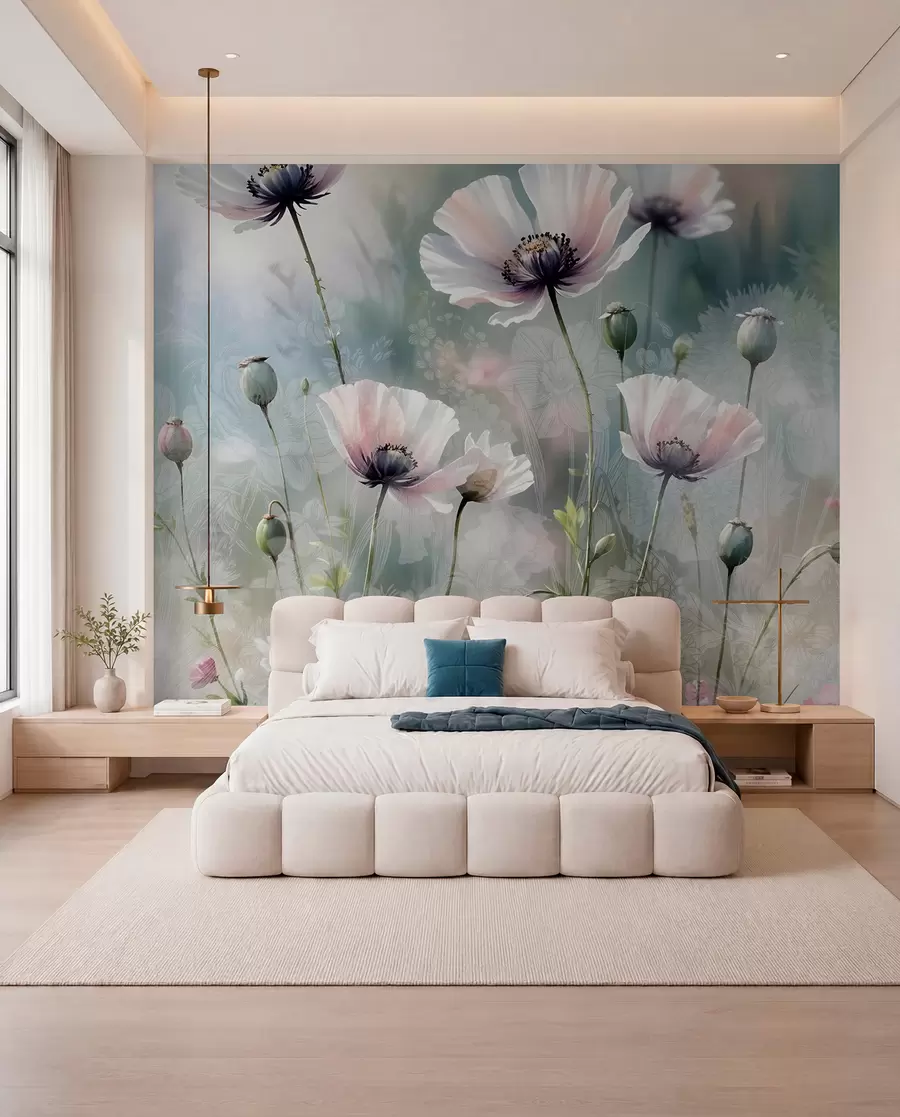 Fotobehang Delicate roze en paarse klaprozen met groene stengels en knoppen tegen een zachte, onscherpe getextureerde achtergrond w08585