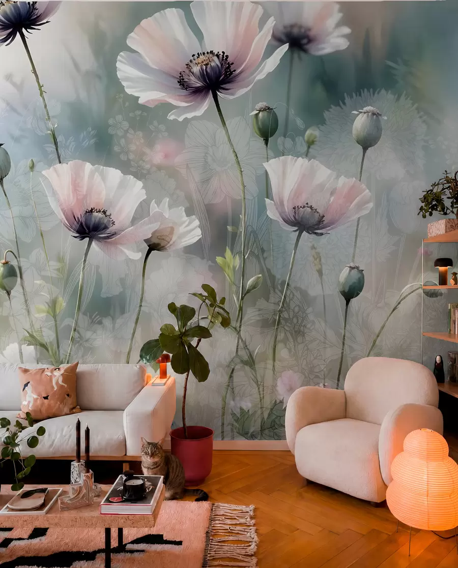 Fotobehang Delicate roze en paarse klaprozen met groene stengels en knoppen tegen een zachte, onscherpe getextureerde achtergrond w08585