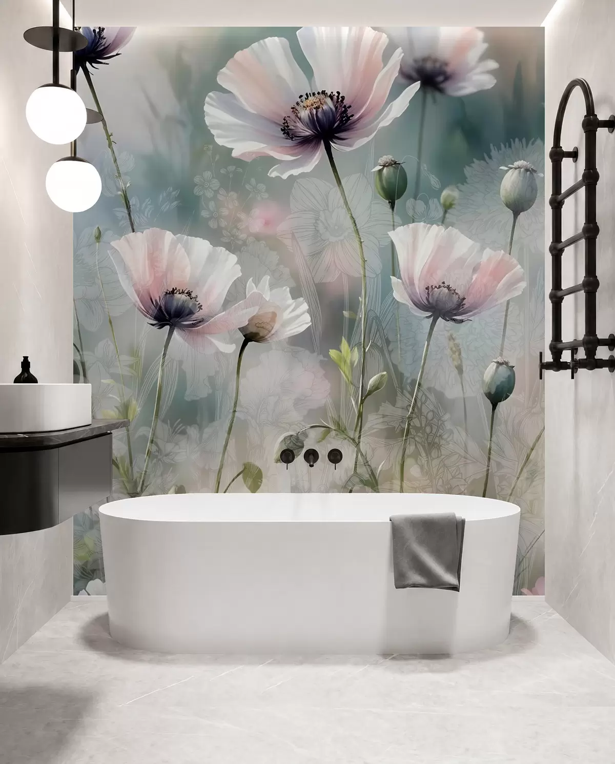 Fotobehang Delicate roze en paarse klaprozen met groene stengels en knoppen tegen een zachte, onscherpe getextureerde achtergrond w08585