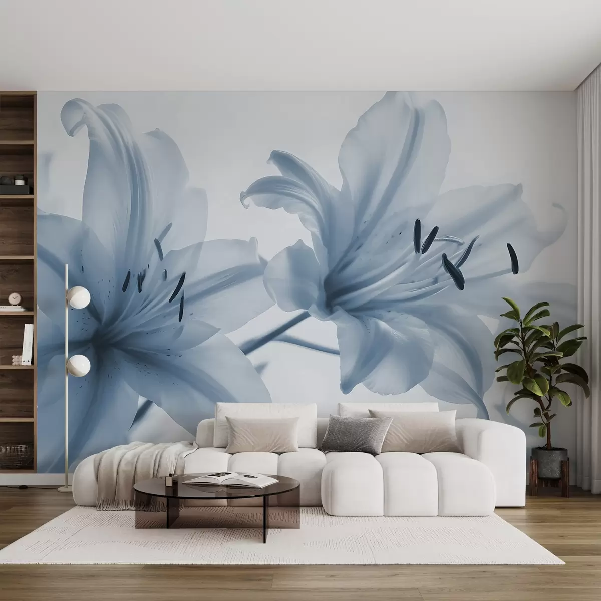 Fotobehang Zachte focus close-up van blauwe minimalistische leliebloemen tegen een lichte achtergrond w08586