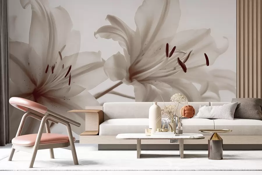 Fotobehang Zachte focus close-up van beige minimalistische leliebloemen tegen een lichte achtergrond w08586v1