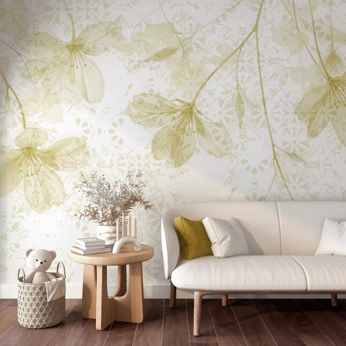 Papier peint photo Fleurs jaunes et blanches délicates avec de longues tiges et des pétales sur un fond texturé doux et flou w08588v2