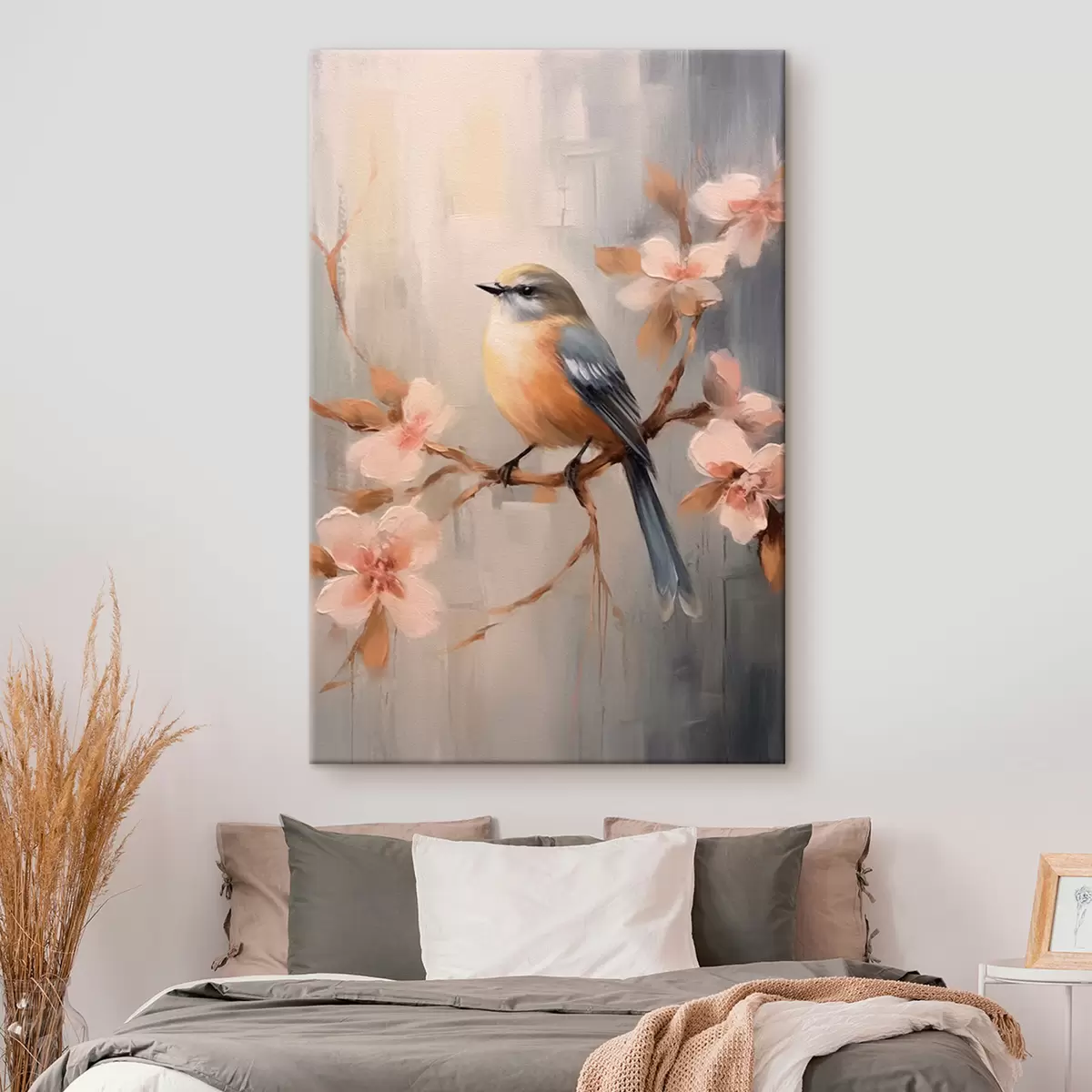  Peintures Oiseau sur une branche et fleurs roses s42302