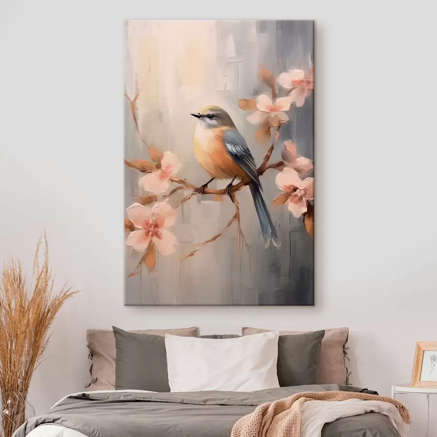  Peintures Oiseau sur une branche et fleurs roses s42302