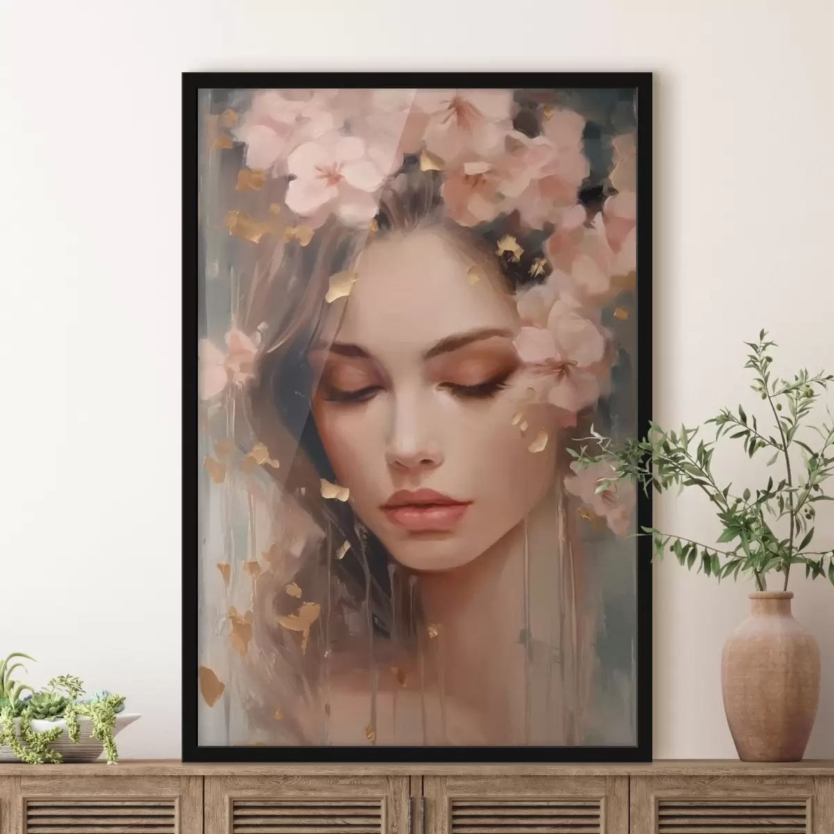 Poster Meisjesgezicht en bloemen f42300