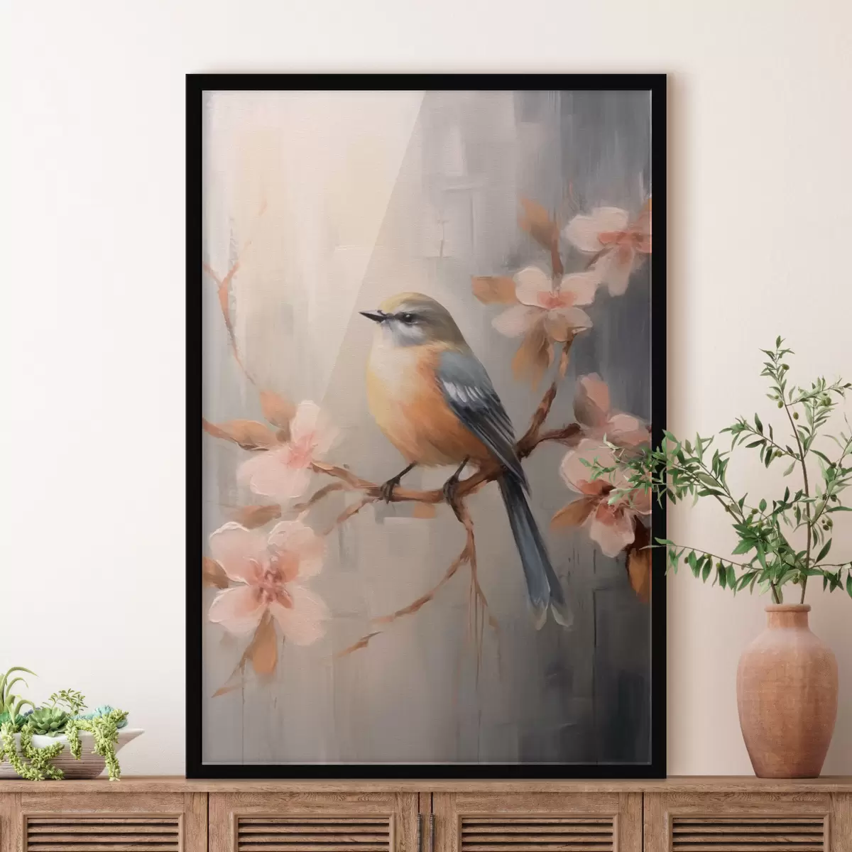 Affiche Oiseau sur une branche et fleurs roses f42302