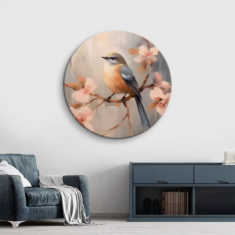  Schilderijen Vogel op een tak en roze bloemen r42302