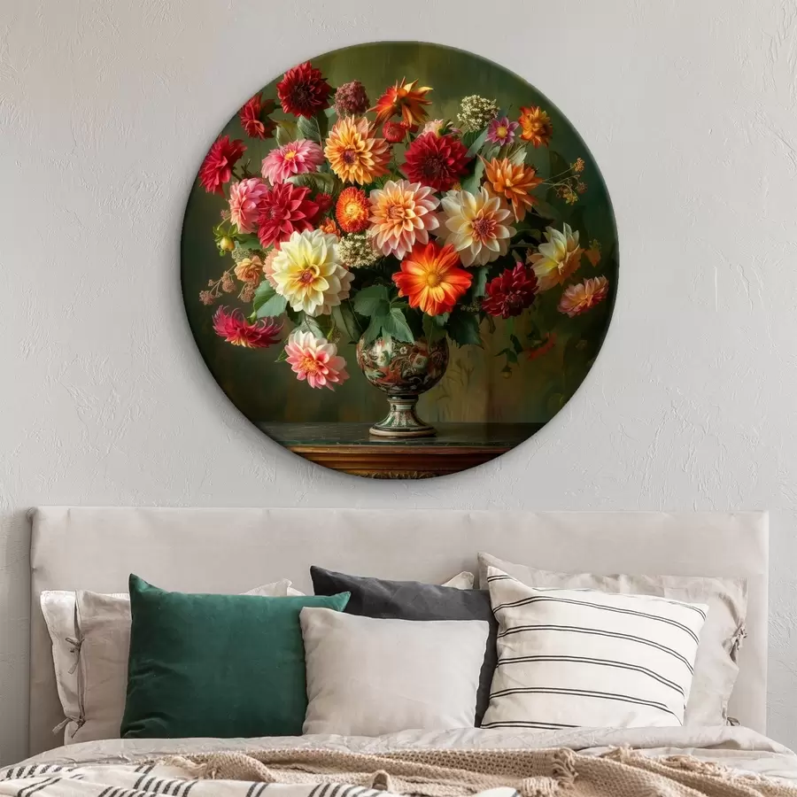  Peintures Un luxuriant bouquet de chrysanthèmes dans un vase sur un fond de verdure profonde r41001