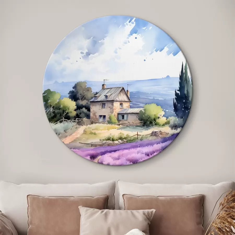  Schilderijen Landhuis met bergen op de achtergrond bij een lavendelveld r41012