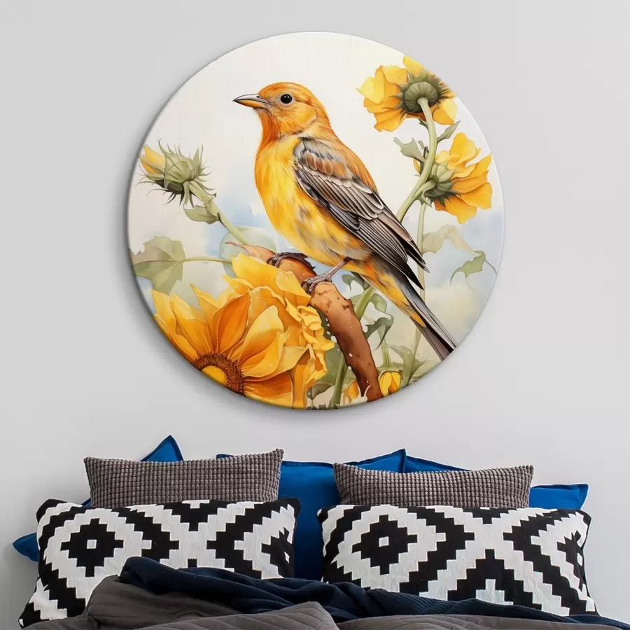  Schilderijen Gele vogel zittend op een zonnebloem aquarel r41015