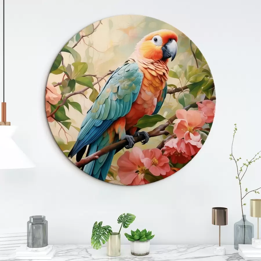  Schilderijen Linnet papegaai zittend op een tak met roze bloemen r41018