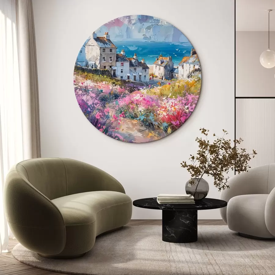  Peintures Une peinture à l'huile colorée représentant une ville de bord de mer avec des maisons blanches et un jardin de fleurs au premier plan r41090