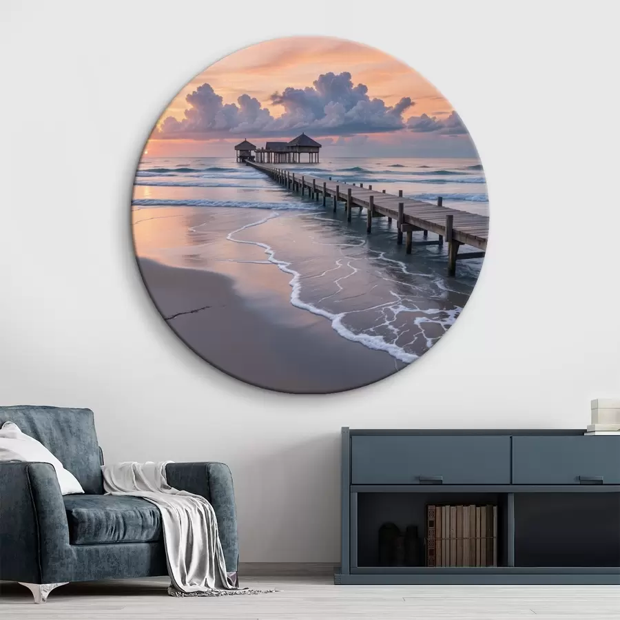  Schilderijen Houten pier met uitzicht op de kalme oceaan bij zonsondergang met kleurrijke wolken r41091